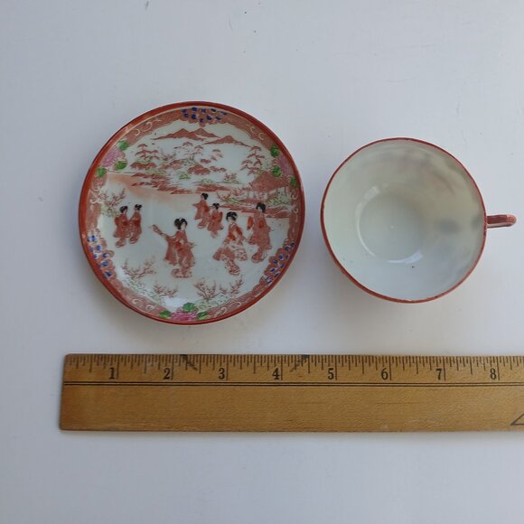 Antique Eggshell Thin Porcelain Hand-painted Geisha Japan 2 Cups with Saucers - Picture 15 of 16